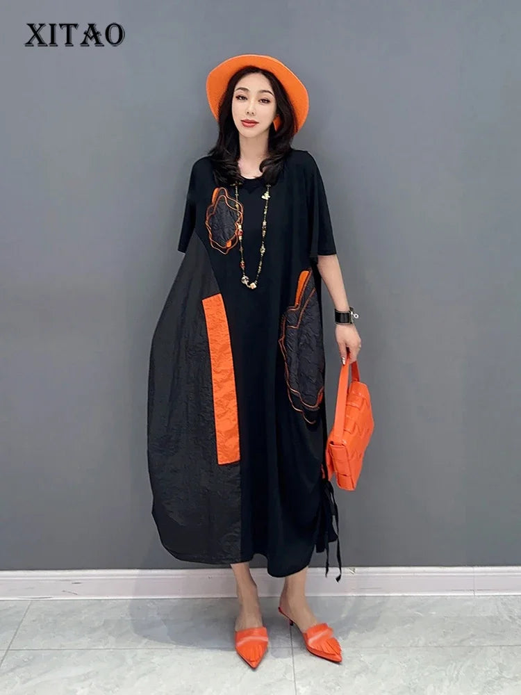 XITAO Black Casual Dress Loose Fashion Irregular Draw String Folds Patchwork Dress 2023 Summer Simplicity New Women WLD11248