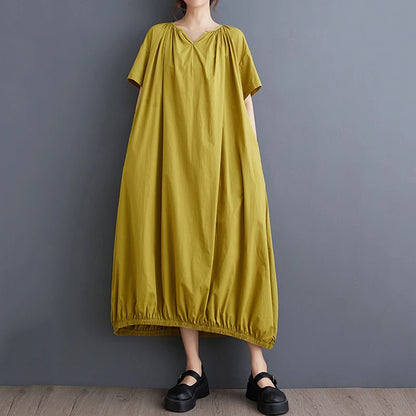 XITAO Pleated Solid Color Simplicity A-line Dress Loose V-neck Short Sleeve Fashion All-match Summer Women New Dress WLD20245