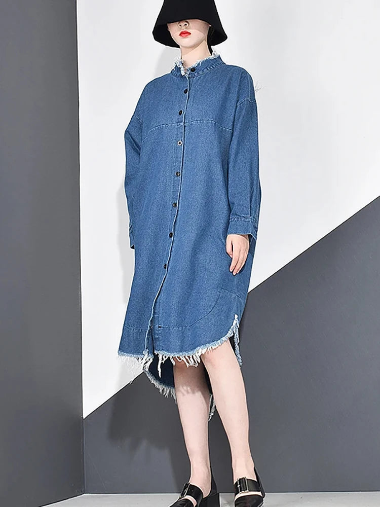 XITAO Casual Denim Tassel Trench Simplicity Loose Spring New Fashion Stand Collar Match All Women Clothes Women Coat KY655