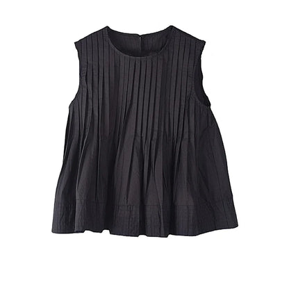 XITAO Sleeveless Pleated Shirt Solid Color Fashion Simplicity O-neck Collar Temperament Top Summer All-match New HQQ0236