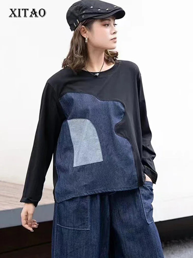 XITAO Contrast Color Patchwork Fashion Female T-shirt O-neck Full Sleeve Loose Casual Pullover Women New All-match Top DMJ5005