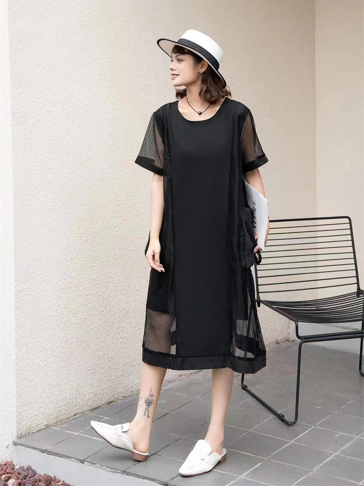 XITAO Gauze Patchwork O-neck Short Sleeve Dress Solid Color Pullover Loose Mid-calf Fashion Dress Summer Casual GJ1053