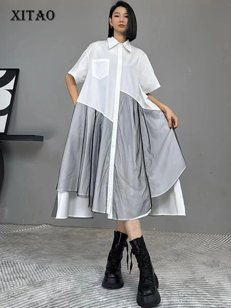 XITAO Gauze Patchwork Short Sleeve Shirt Dress Irregular Temperament Loose Casual Solid Color 2024 Women New Dress ZY8658