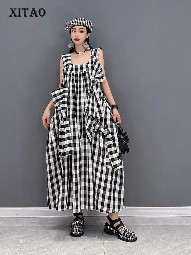 XITAO Plaid Dress Backless Sleeveless Patchwork Bow Small Fresh Casual Style 2022 Summer Minority Elegant Loose Dress WLD7014