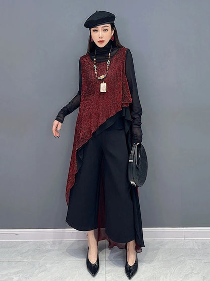 XITAO Sleeveless Long Vest Contrasting Colors Patchwork Chiffon Irregular Elegance Summer Fashion Women New Coat LYD1794