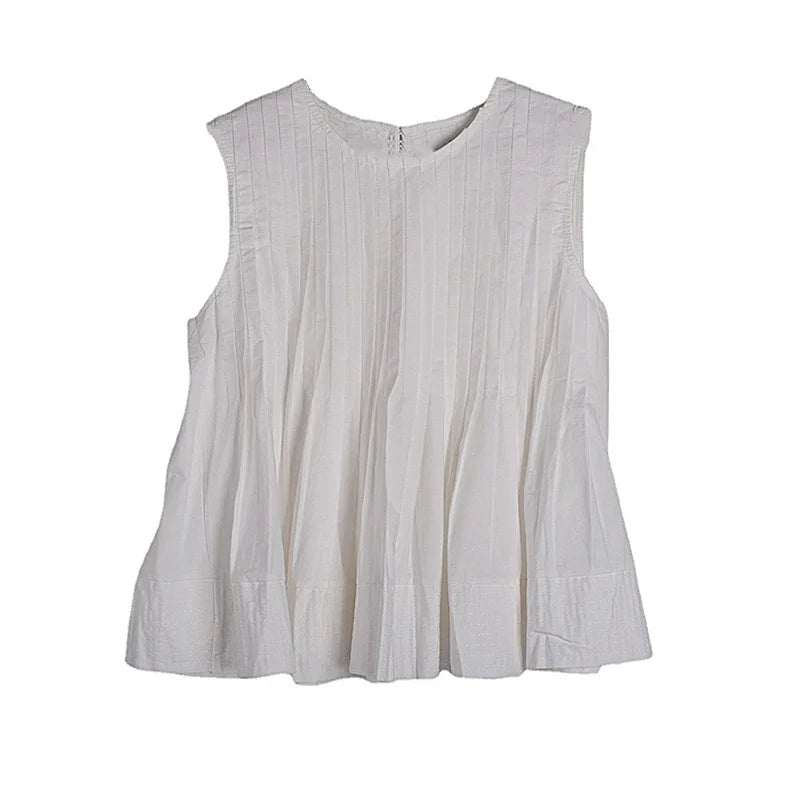 XITAO Sleeveless Pleated Shirt Solid Color Fashion Simplicity O-neck Collar Temperament Top Summer All-match New HQQ0236