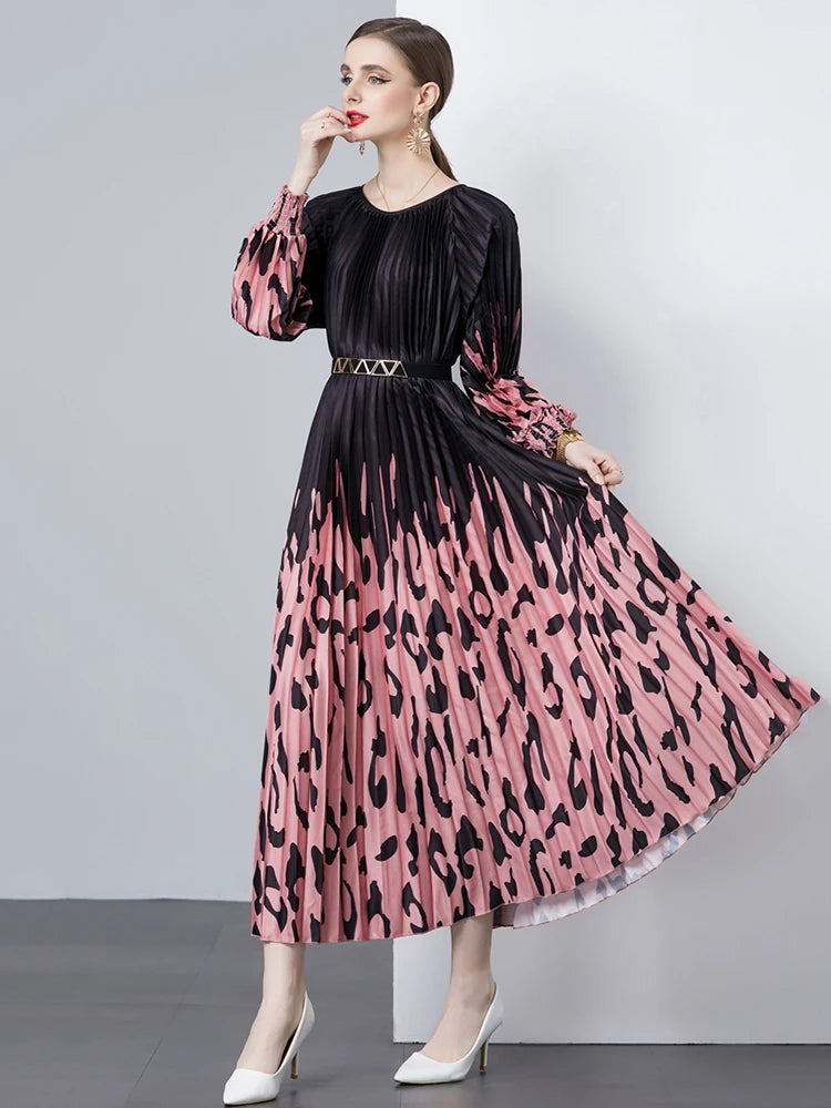 XITAO Long Sleeve Pleated Dress Loose Fashion Contrast Color Splicing Simplicity Temperament O-neck Dress Spring New DMJ3926