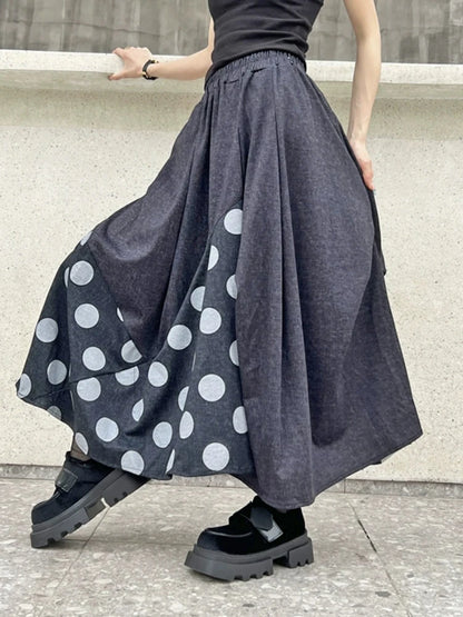 XITAO Asymmetrical Patchwork Dot Skirts Elastic Waist Loose Pocket A-line Mid-calf Fashion Skirts 2024 Summer All Match GJ1007