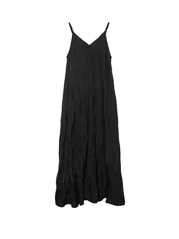 XITAO Black Folds Sleeveless Sling Dress Loose Fashion Sleeveless Simplicity Temperament Long Dress Summer New Women HQQ0867