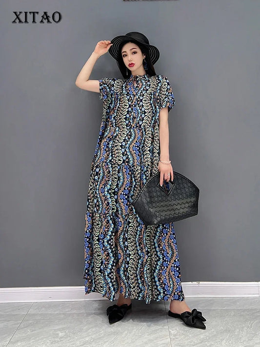 XITAO Chiffon Print Dress Fashion Vintage Stand Collar Loose Women Simplicity Contrast Color Dress 2024 Summer New WMD6466