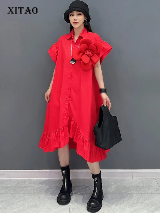 XITAO Irregular Three-dimensional Decoration Floral Short Sleeve Dress Single Breasted Solid Color Fashion Women Dress DMJ4076