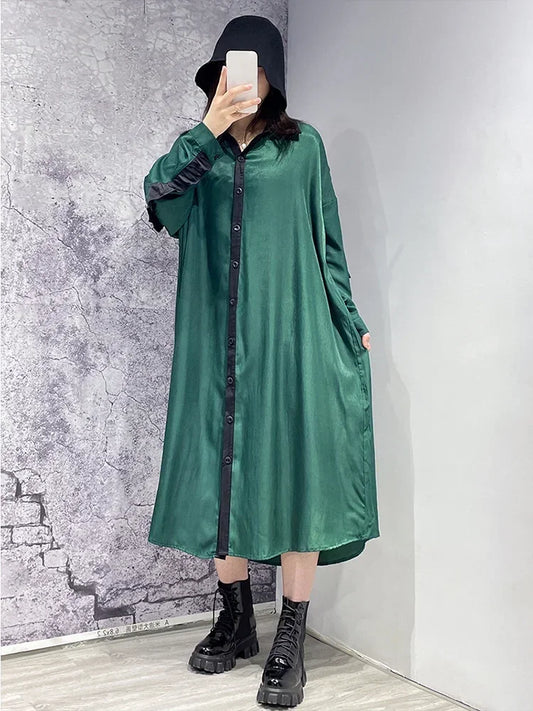 XITAO Casual Loose Shirt Dress Fashion Contrast Color Ruffles Patchwork Long Sleeve Turn-down Collar Shirt Dress WMD2200