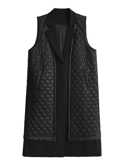 XITAO Pu Patchwork Pocket Sleeveless Vest Turn-down Collar Single Breasted Long Vest Parka Loose Slimming All Match GMM1228