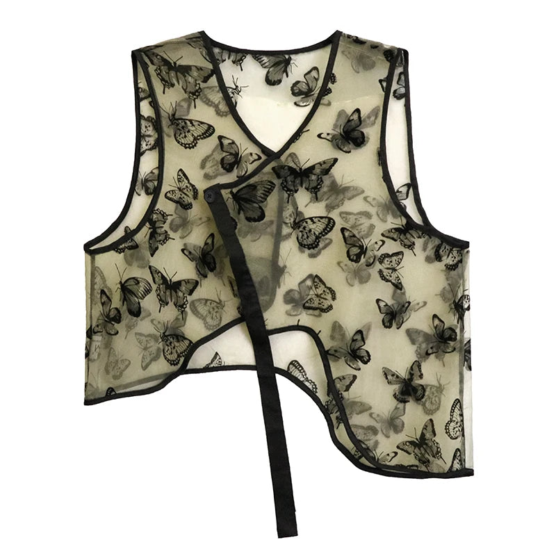 XITAO Flocking Butterfly Gauze Vests Fashion Irregular Lace-up V-neck Women Perspective Vests Summer New All-match Top WLD20216