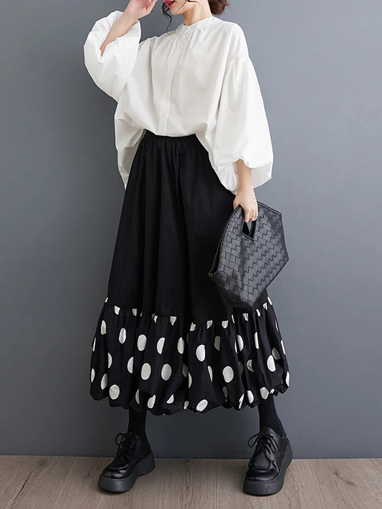 XITAO Spliced Puffy Skirt Wave Point Elastic Waist Simplicity Casual Loose All Match Spring Fashion Women A-line Skirt LYD1747