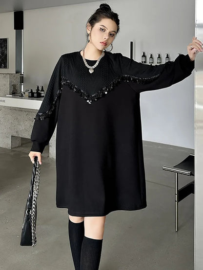 XITAO Solid Color Knee-length O-neck Full Sleeve Casual Loose Women Clothing Patchwork Sequined New Autumn Women Dress GMM1094