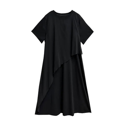 XITAO Black Casual Dress False Two Pieces Asymmetrical Patchwork T-shirt Dress Summer New Simplicity Women HQQ2357