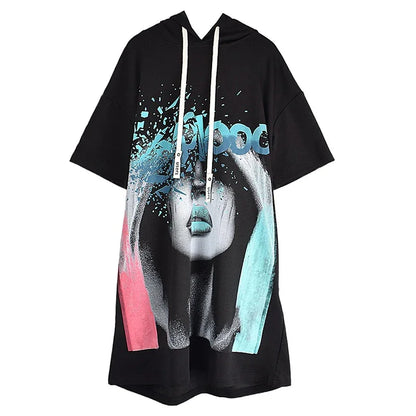 XITAO Hooded Printing Knee-length Dress Casual Loose Fitting Straight Half Sleeve Pullover Fashion Summer Female Dress GMM1196