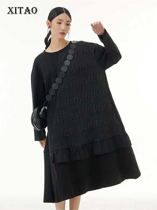 XITAO Pleated Hem Dress Fashion Pullover Black Small Fresh Patchwork Goddess Fan Casual Style Spring Loose Dress WLD8956