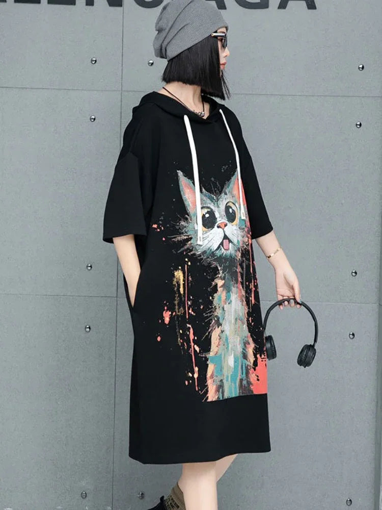 XITAO Hooded Drawstring Animal Print Casual Dress Loose Fitting Knee-length Half Sleeve Fashion New Summer Women Dress GMM1195