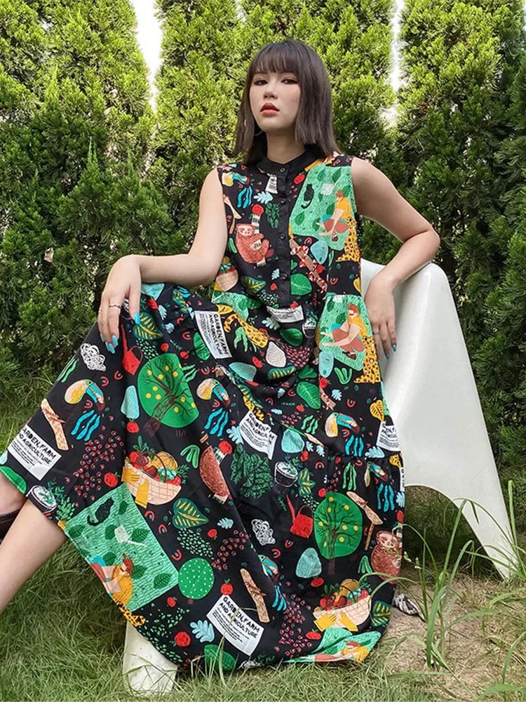 XITAO Print Pattern Dress Pleated Goddess Fan Casual Style Sleeveless 2024 Summer Minority Elegant Pleated Dress WMD7044