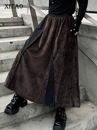 XITAO Autumn Loose Patchwork Skirt Casual Mid-calf Elastic Waist Temperament Autumn Women Simplicity A-line Skirt ZYY1014