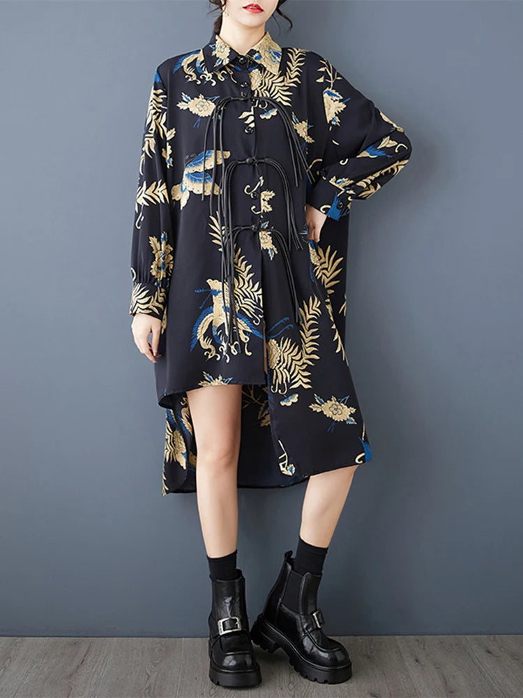 XITAO Irregular Print Patchwork Tassels Dress Casual A-line Mid-calf Full Sleeve Single Breasted Autumn Women Dress GMM1305