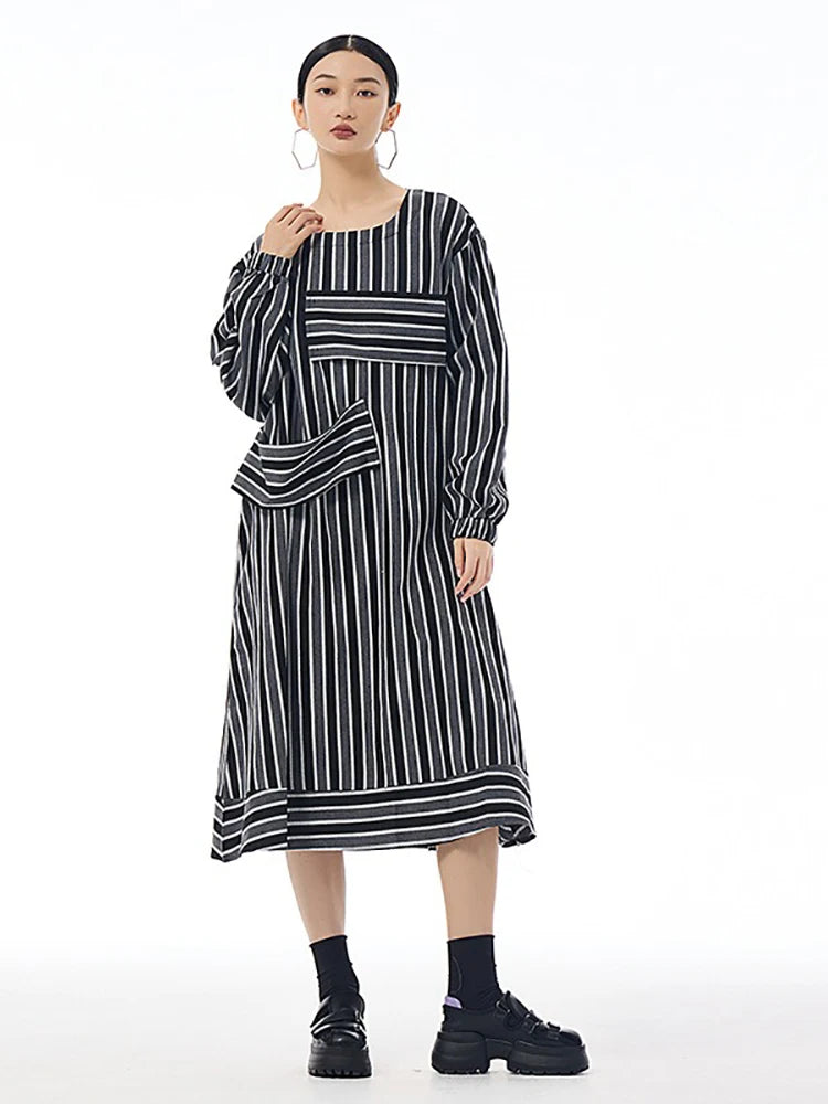 XITAO Contrast Color Women Long Sleeve Dress 2024 Autumn Casual O-neck Pullover Patchwork Loose A-line Striped Dress LJ1074