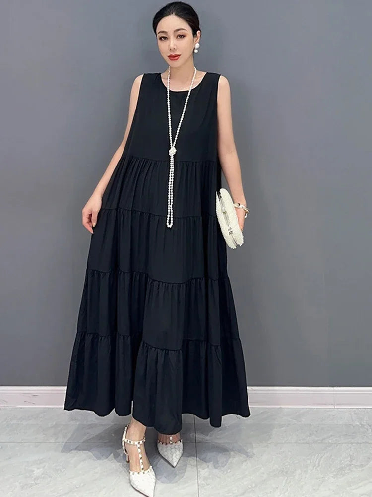 XITAO Sleeveless Loose Solid Color Pleated O-neck Dress Casual Fashion Women 2024 Summer New Pullover Simplicity Dress DMJ1898