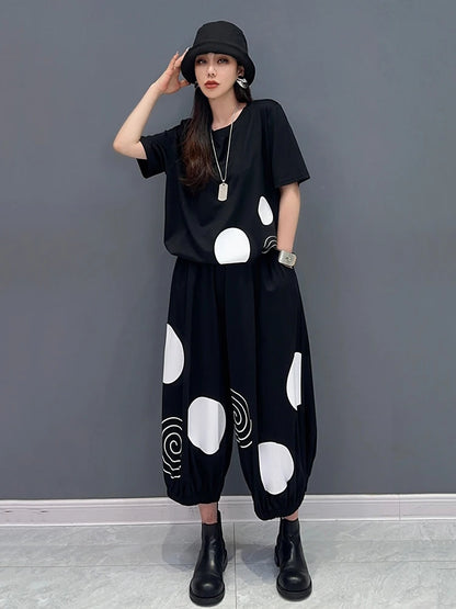 XITAO Printed Dot Pant Set Vintage Short Sleeve Elastic Waist Harlan Pants All Match Loose Fashion Women New Set LYD1811