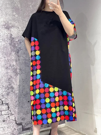 XITAO Dot Print T-shirt Dress Loose Fashion Casual Women Asymmetrical Contrast Color Print Hem Summer New Dress WMD6195