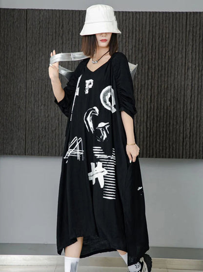 XITAO Bat Wing Sleeve Dress Irregular Draw String Folds Half Sleeve T-shirt Dress Fashion Contrast Color Letter Print WLD20163