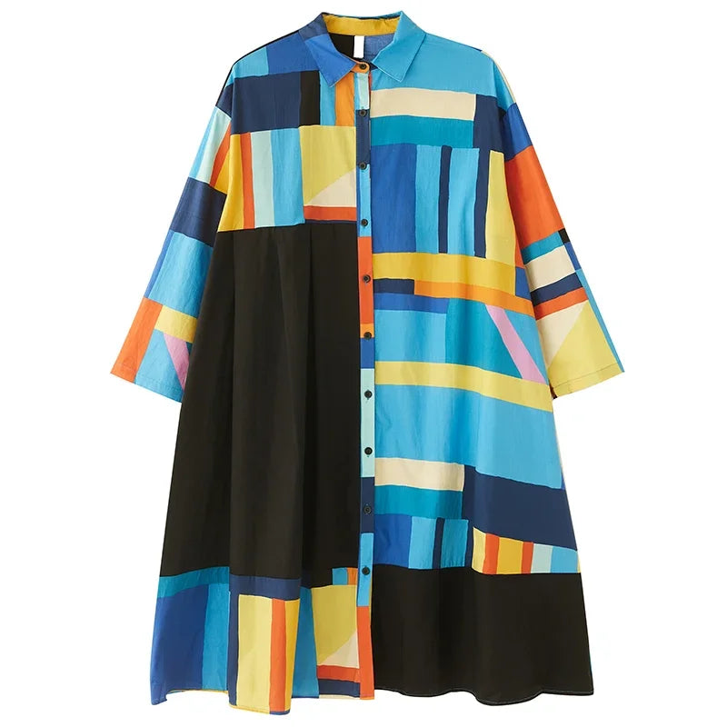 XITAO Contrast Color Shirt Dress Personality Fashion Asymmetrical Pleated Splicing Hem Spring Long Sleeve Women Dress DMJ2358