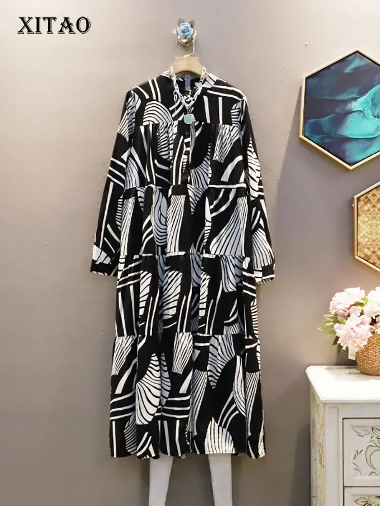 XITAO Irregular Print Dress Spring New Fashion Casual Loose Long Sleeve Splicing Contrast Color Women WMD2816