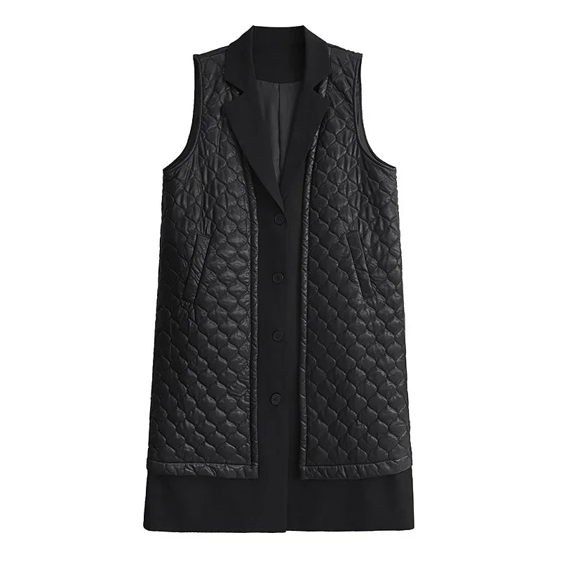 XITAO Pu Patchwork Sleeveless Pocket Long Vest Solid Color Turn-down Collar Single Breasted Loose Fashion Slimming Coat GMM1241