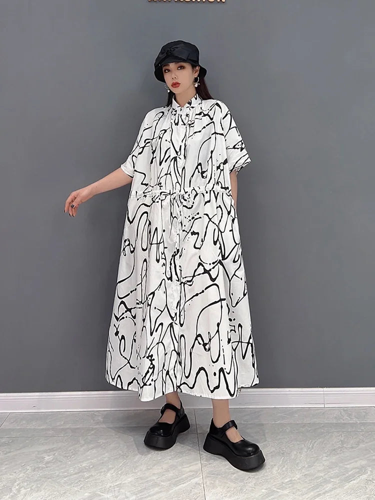 XITAO Fashion Print Shirt Dress Loose Casual Short Sleeve Turn-down Collar Bandage Dress Simplicity Temperament New WLD6893