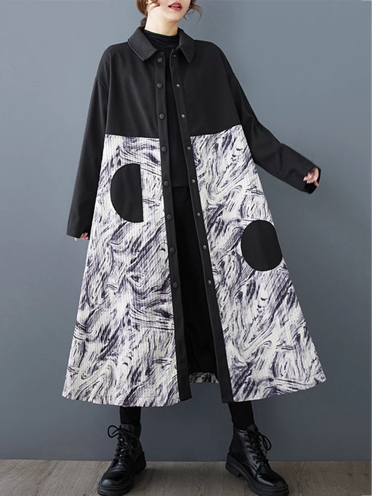 XITAO Casual Solid Color Patchwork Fashion Coats Irregular Printing A-line Full Sleeve New Arrrival Autumn Female Trench GMM1001