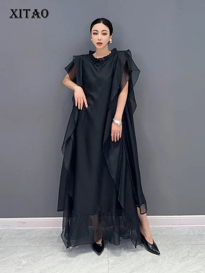 XITAO Black Sleeveless Flounced Edge Dress Loose Fashion Simplicity Temperament Women O-neck Summer New Dress WLD20144