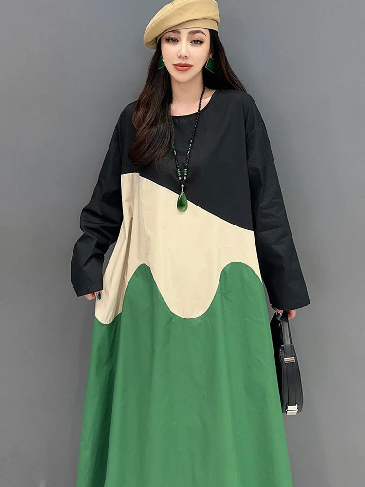 XITAO O-neck Patchwork A-line Dress Long Sleeve Loose Casual All-match Goddess Style Spring Women New Dress DMJ3968