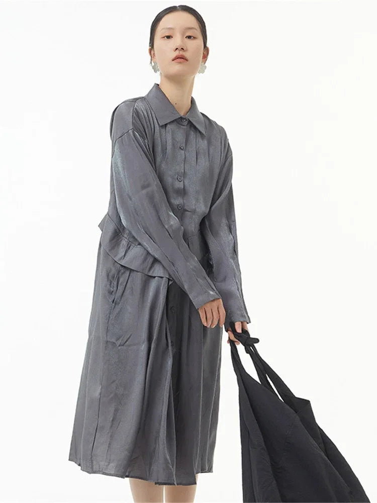 XITAO Pleated Shirt Dress Fashion Solid Color Single Breast Goddess Fan Pocket Spring Summer Minority Loose Thin Dress ZY7484