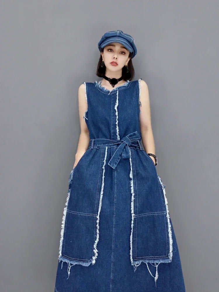 XITAO New Sleeveless Denim Bandage Dress Burrs Fashion Simplicity Temperament O-neck Collar Women Autumn Loose CLL1258