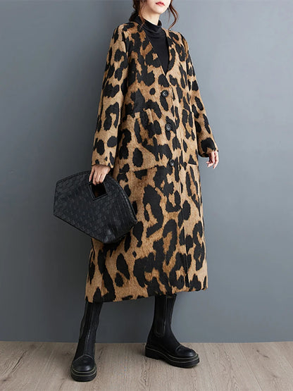 XITAO Leopard V-neck Single Breasted Blends Vintage Long Sleeve Wide Waist Mid-calf All Match Coat 2024 Autumn Fashion ZY8909