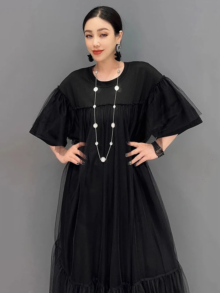 XITAO Black Gauze Patchwork O-neck Pullover Dresses Short Sleeve Loose Temperament Slimming Summer New All Match ZY8865