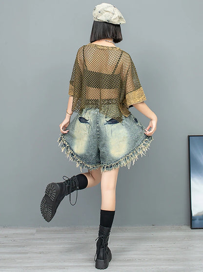 XITAO Hollow Mesh Patchwork T-shirt O-neck Short Sleeve Pullover Vintage Personality Summer Fashion Women New Top LYD1775