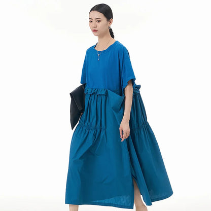 XITAO Casual Folds Dress High Opening Seam Patchwork Solid Color Loose Fashion Simplicity Women Summer New Dress  HQQ2333