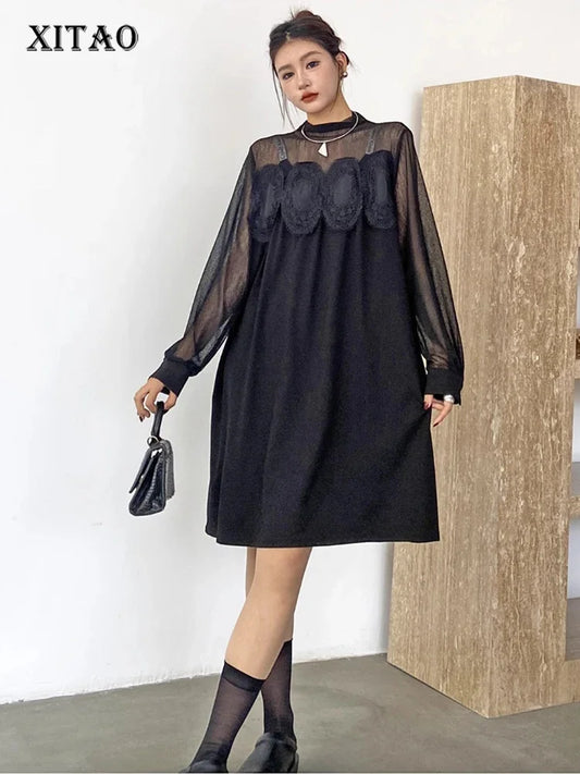 XITAO Casual A-line O-neck Knee-length Solid Color Full Sleeve Dress Mesh Patchwork Lace Slimming Autumn Women Dress GMM1139