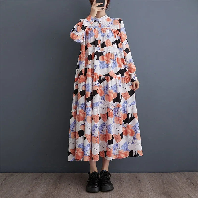 XITAO Cartoon Print Dress Stand Collar Casual Fashion Long Sleeve Women Casual Simplicity New Long Style Shirt Dress DMJ3614