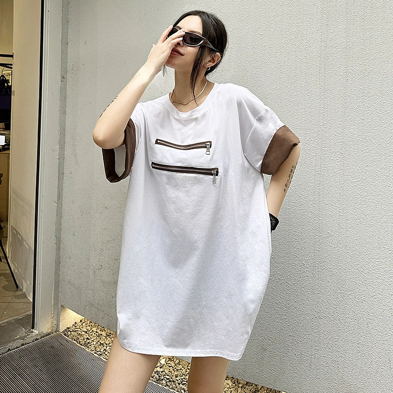 XITAO Zipper Patchwork Short Sleeve T-shirts O-neck Solid Color Pullover Loose Slimming Tops Summer Fashion All Match ZY8679