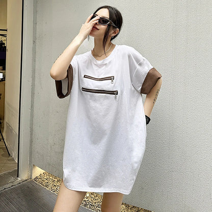 XITAO Zipper Patchwork Short Sleeve T-shirts O-neck Solid Color Pullover Loose Slimming Tops Summer Fashion All Match ZY8679