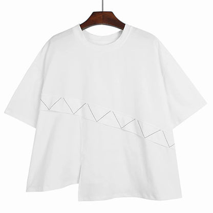 XITAO Patchwork Geometric Asymmetrical T-shirts O-neck Solid Color Short Sleeve Loose Casual Tops 2024 Summer All Match GJ1018